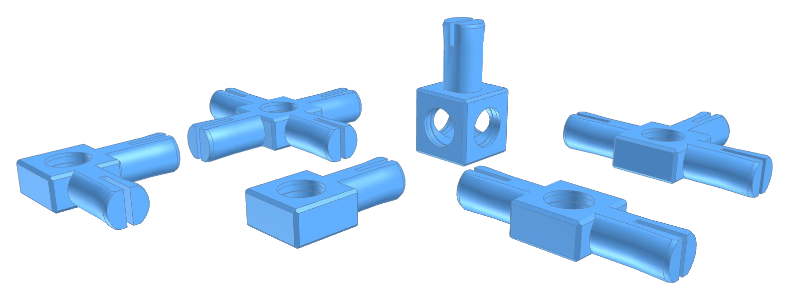 Renderovaný obrázek konstrukčních BitBeam dílků s kolíčky.