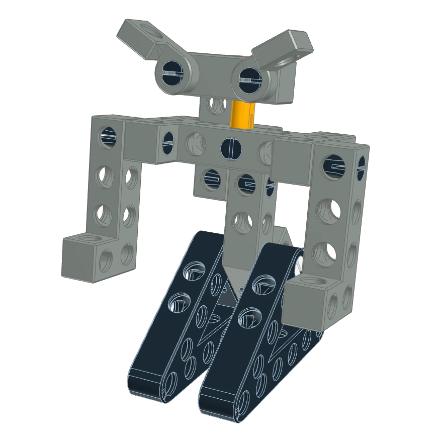 Render of the finished JOHNY 5 MINI robot model assembled from the Bitbeam construction set. The robot has a grey-silver body, triangular tracks, movable arms and the characteristic head with eyes (pins).