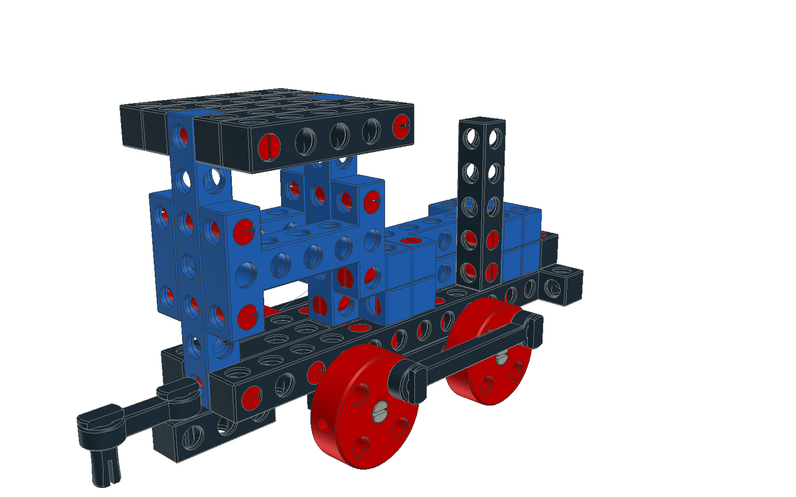 Rendered image of the assembled MINI locomotive from the BitBeam construction set - rear view.