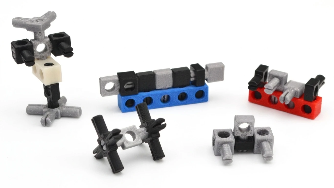 Fotografie některých BitBeam dílků s kolíčky a jejich použití.