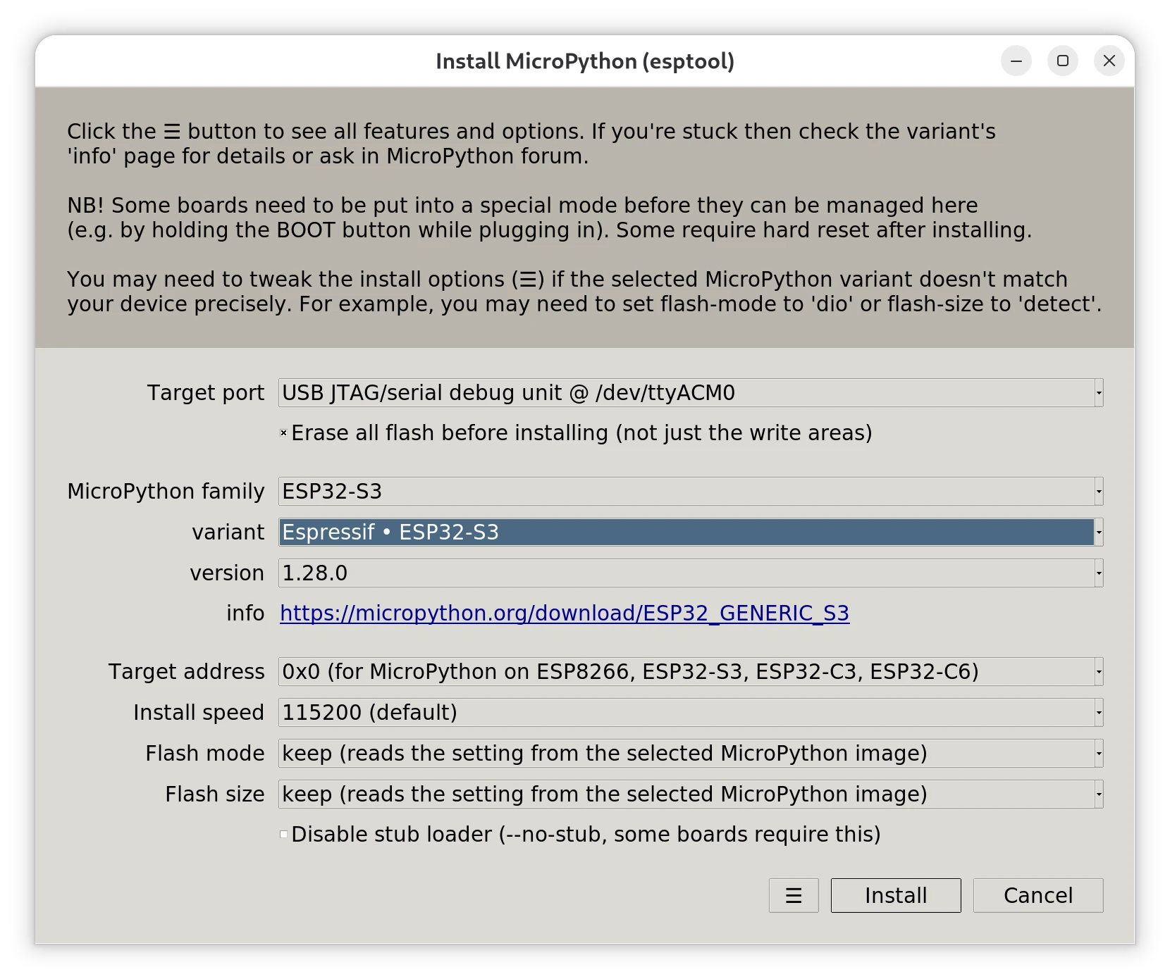 Screenshot of the MicroPython installation dialog in Thonny editor