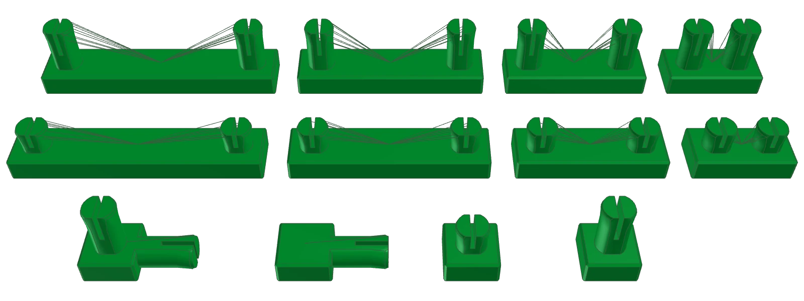 Renderovaný obrázek dlaždicových BitBeam dílků s kolíčky.