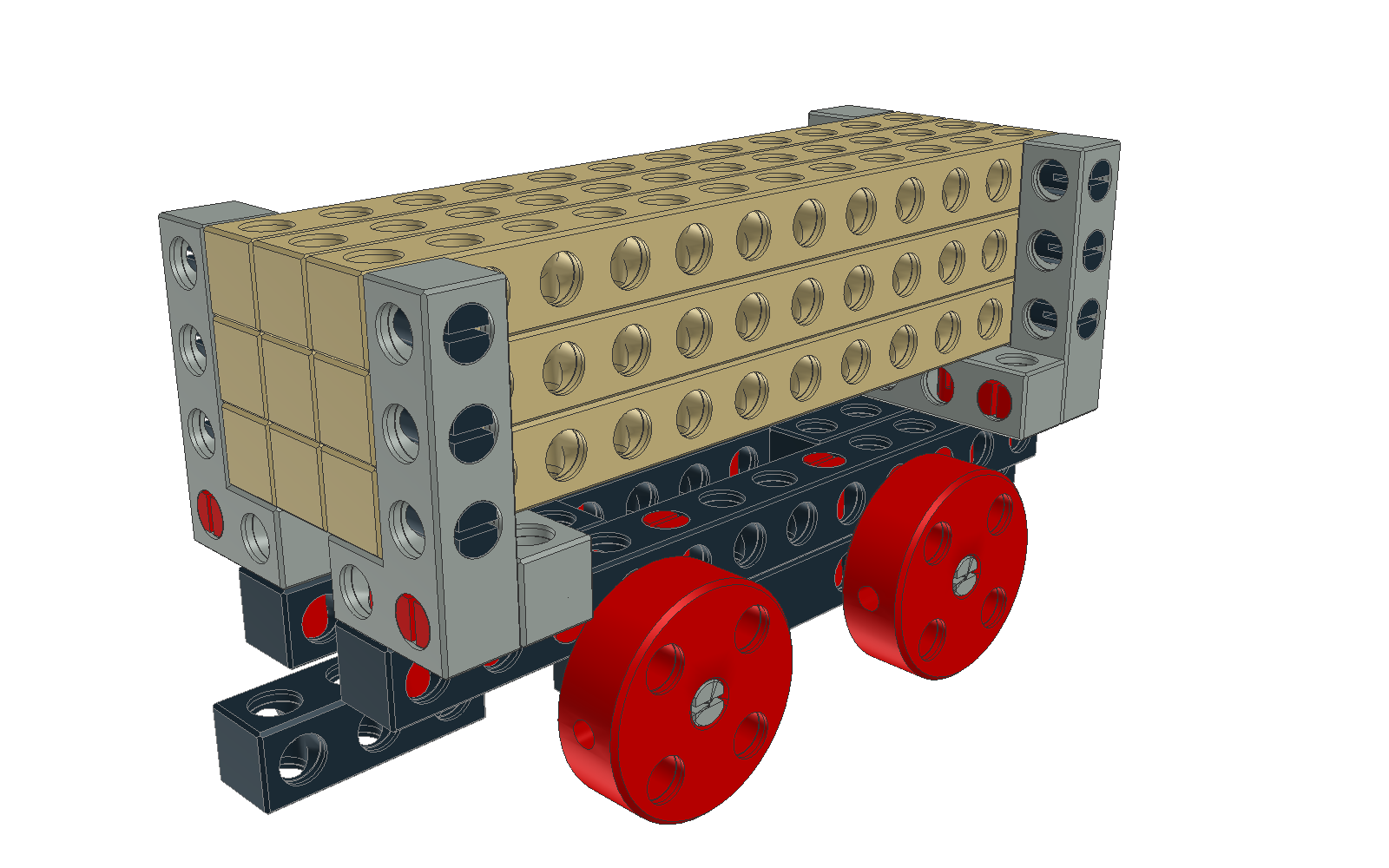 Rendered image of the assembled MINI timber freight wagon from the BitBeam construction set.