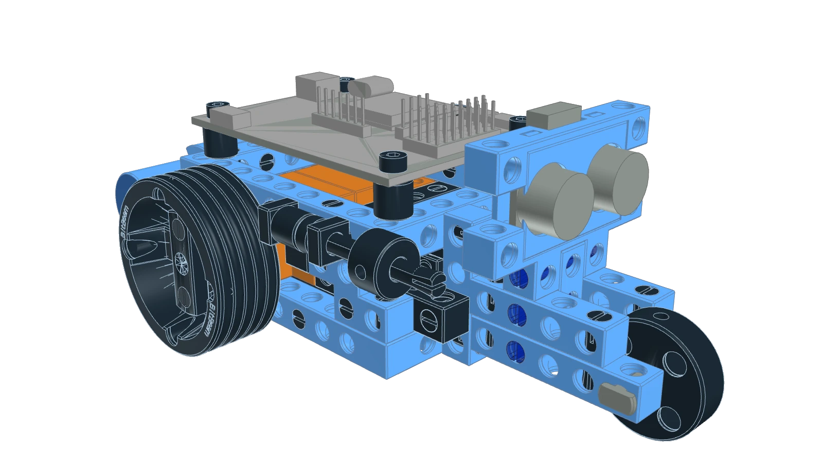 Renderovaný obrázek sestavené BitBeam tříkolky - verze Atreides s válcovou baterií na zadní části.