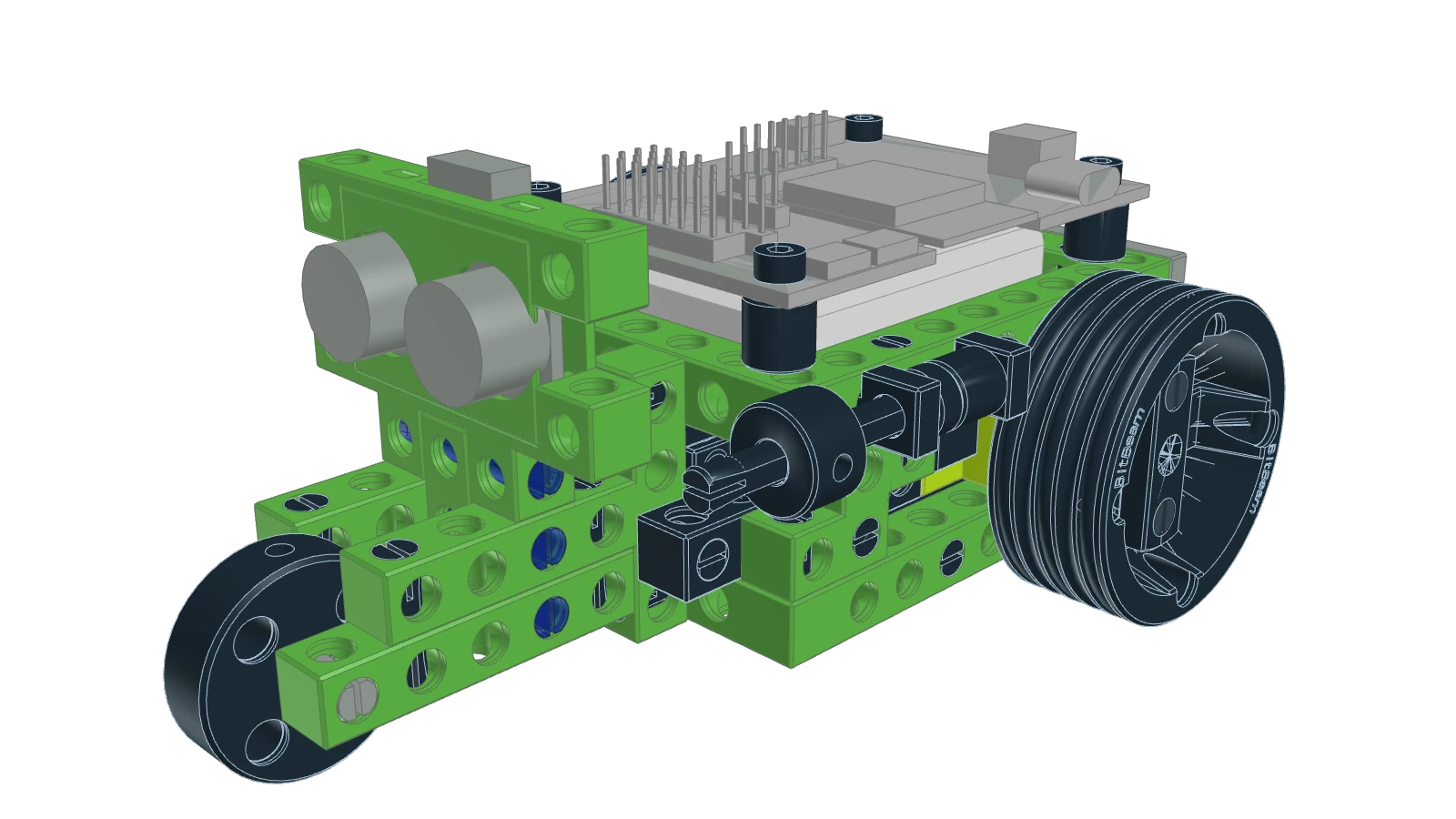 Renderovaný obrázek sestavené BitBeam tříkolky - verze Ordos s plochou baterií umístěnou pod ovládací deskou.